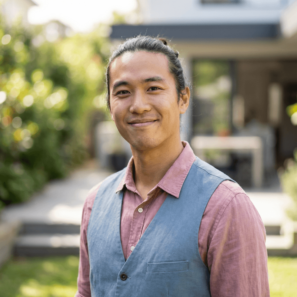 Marcus Chen smiling beside his dog in his apartment