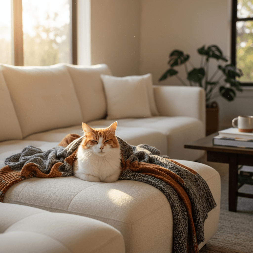 Cat relaxing on a cozy couch at home