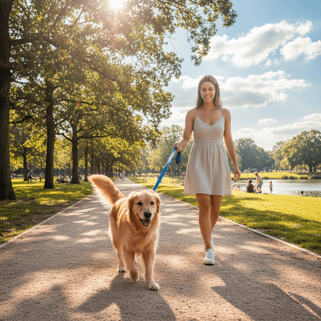 Happy dog being walked on a leash in a sunny park