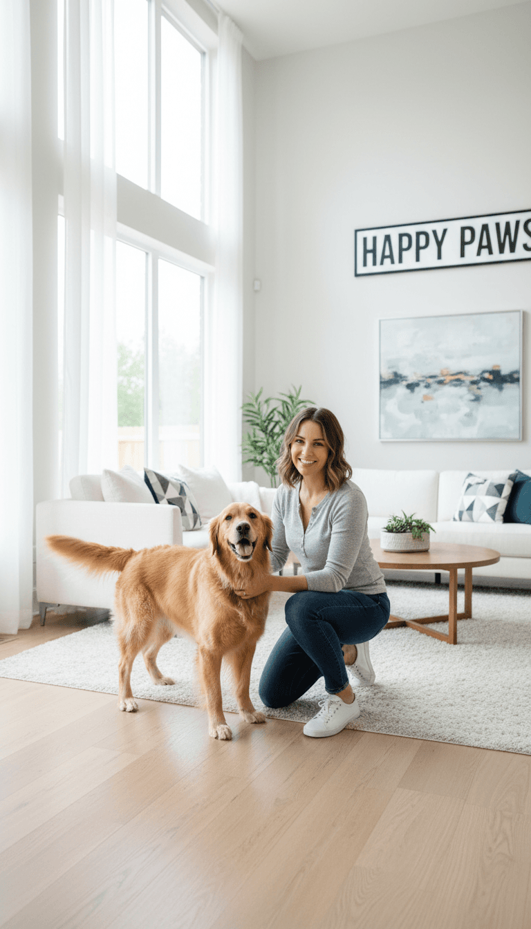 Pet sitter kneeling beside a happy dog indoors