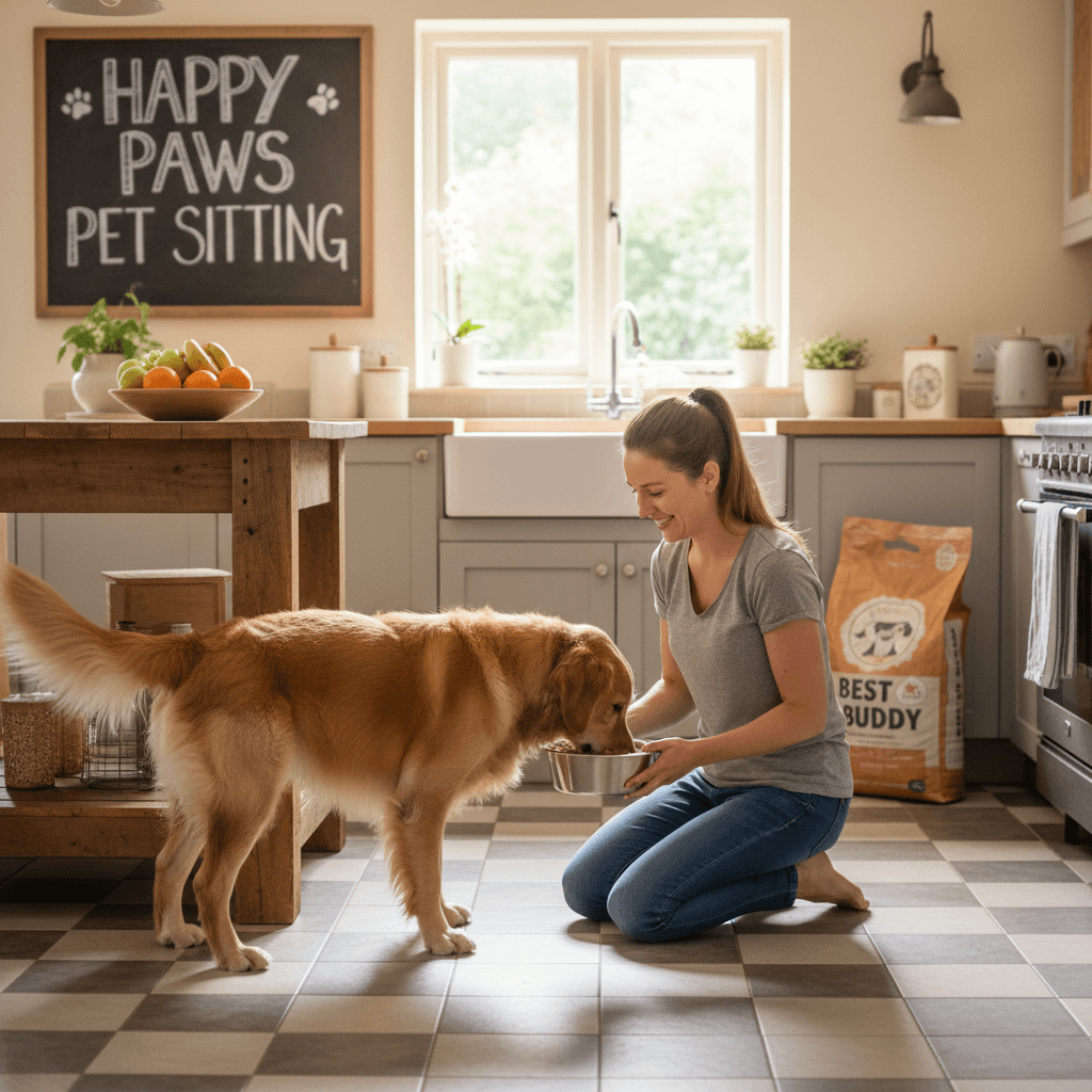 Pet sitter feeding a dog from a bowl in a kitchen