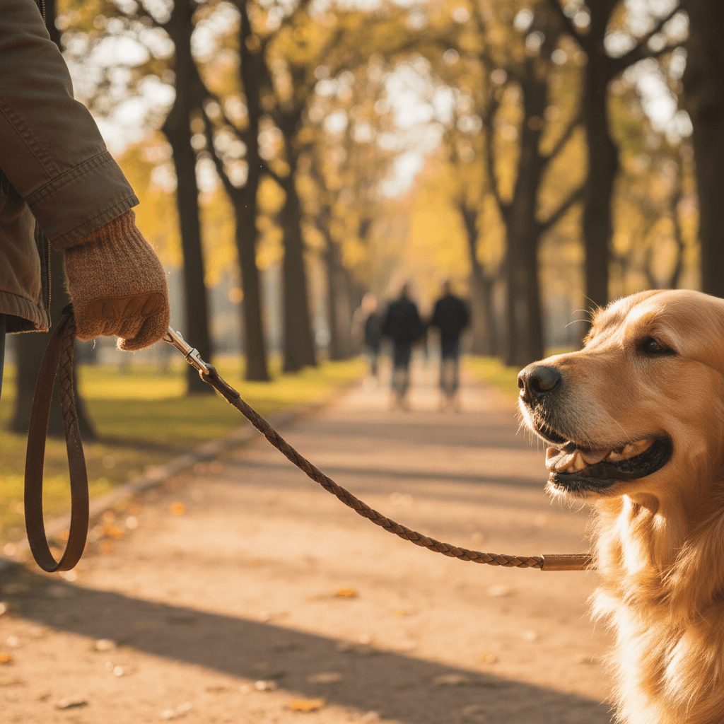 Happy dog walking on a leash in a sunny park