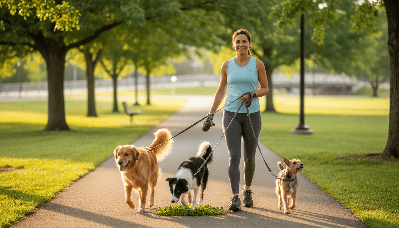 Pet sitter walking a dog on a leash in a sunny park