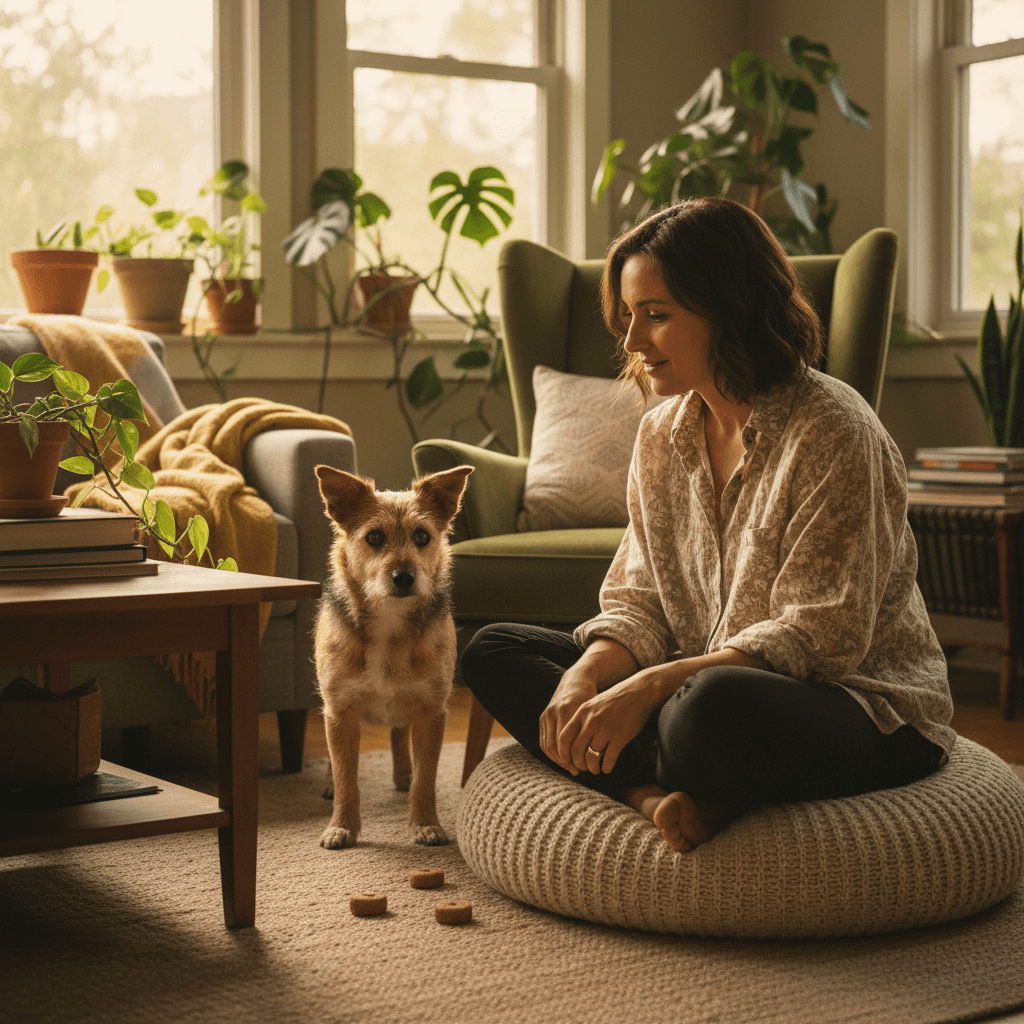 Pet sitter giving a dog treats and gentle affection at home