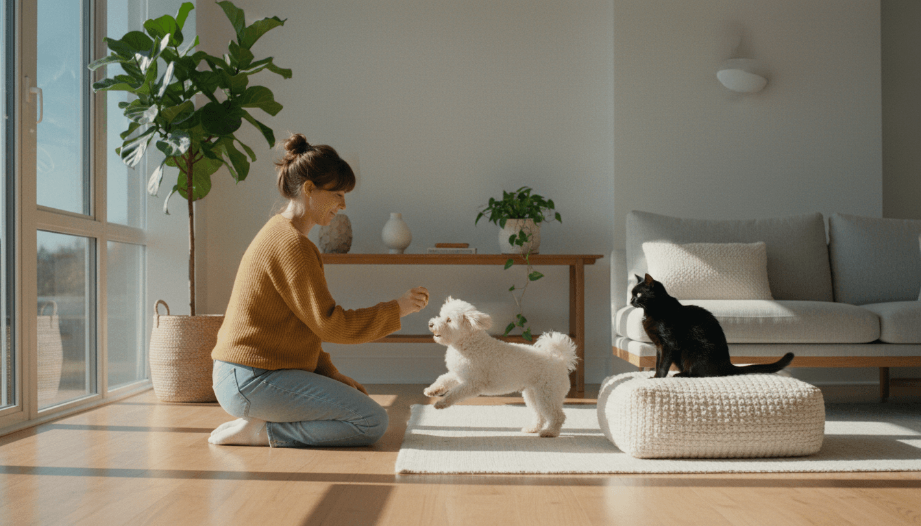 Pet sitter kneeling down to pet a happy dog in a bright living room
