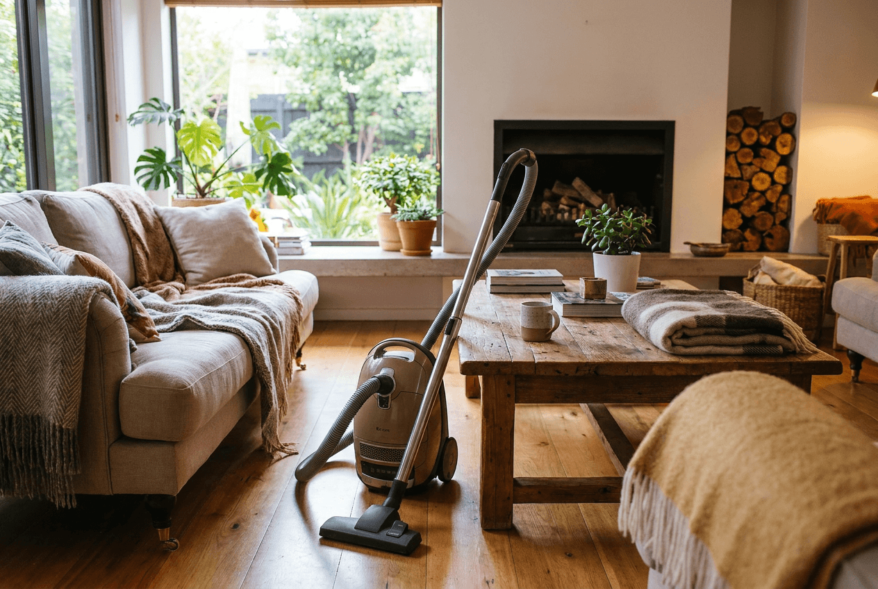 Friendly pet sitter petting a happy dog in a bright living room